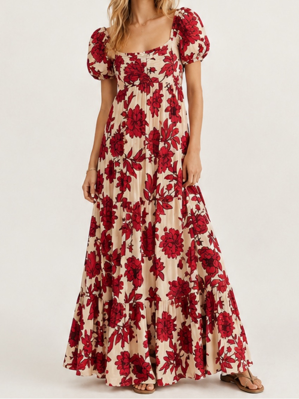 Women's Cream Maxi Dress with Red Floral Print and Puff Sleeves